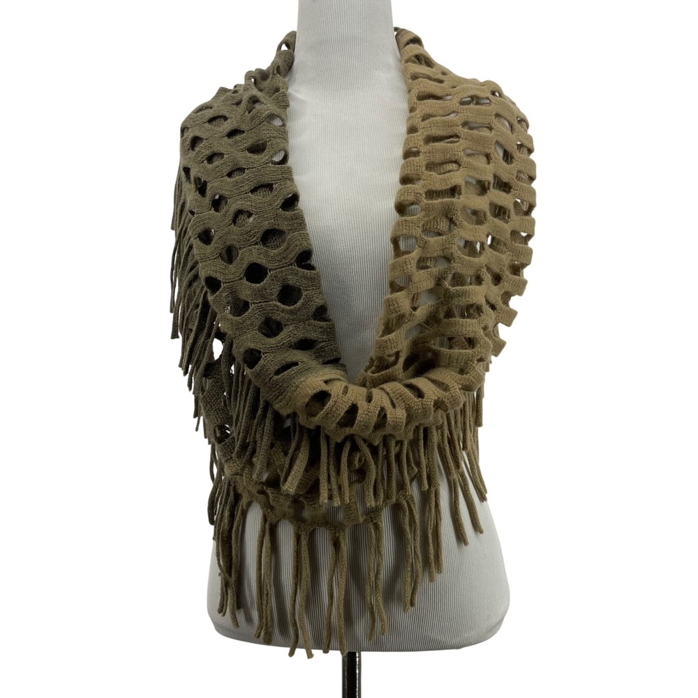 Womens One Size Loop‎ Infinity Scarf Olive Tan Crochet Fringe Ombre Knit Scarf